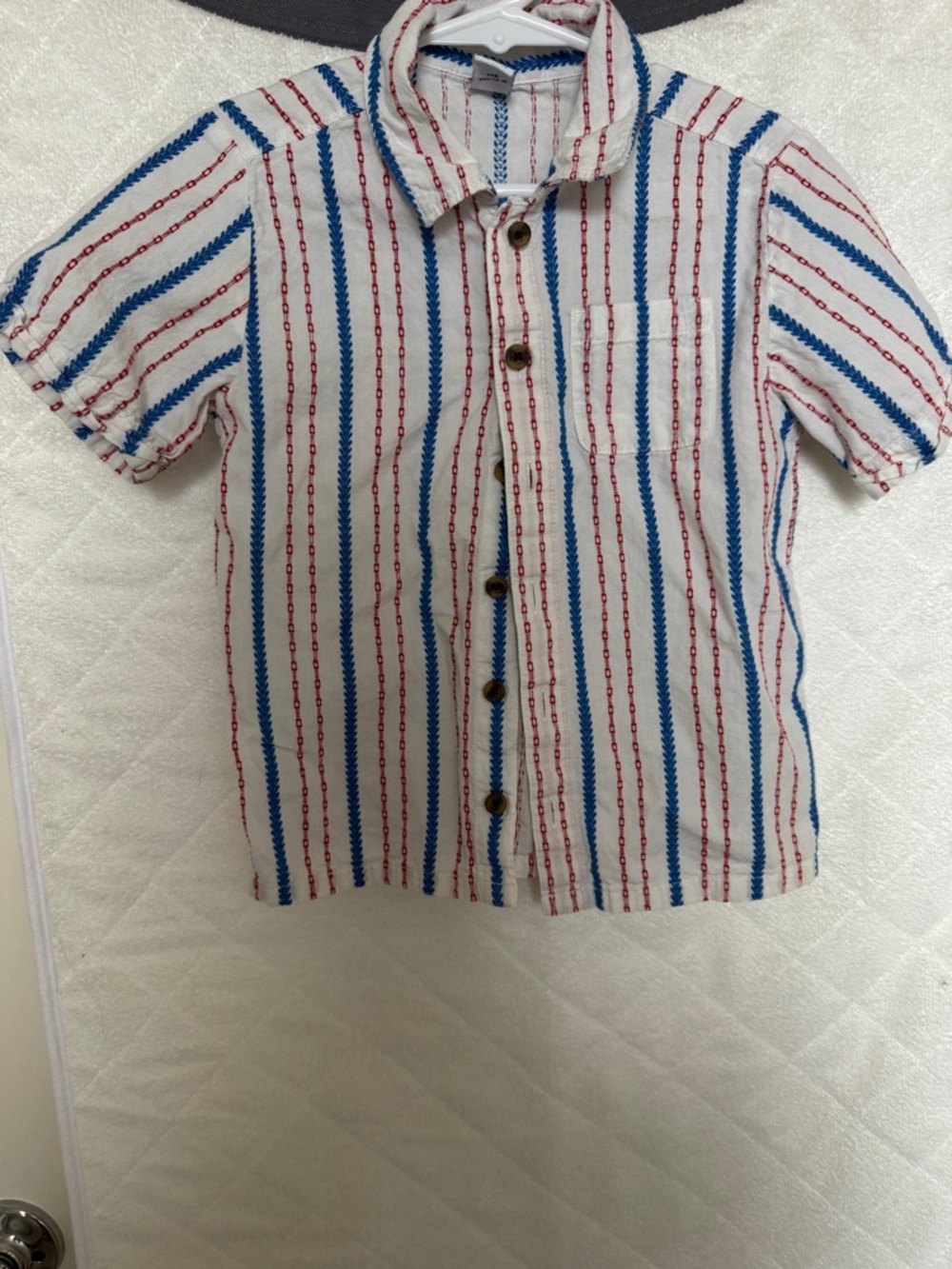 Old Navy White Short-Sleeve Button-Down with Red & Blue Stripes